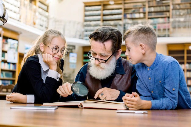 concentrated-elderly-man-teacher-professor-his-two-little-clever-cute-students-reading-book-together_161094-3534